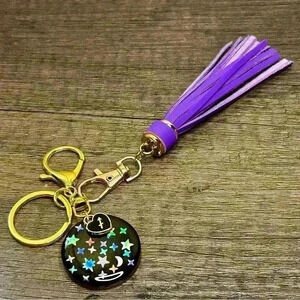 Hand Crafted Medallion Sagittarius Charm and Purple Tassel Gold Tone Keychain